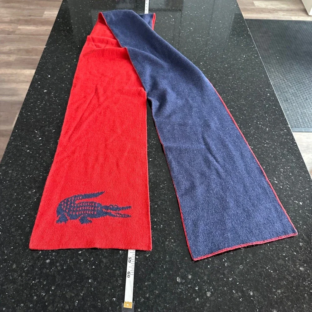 Vintage Lacoste Wool Scarf Reversible Blue Red Crocodile Logo Knit Mens‎